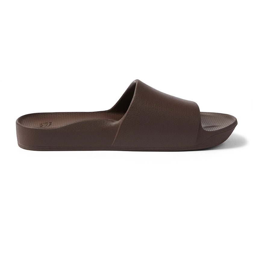Archies Brown Arch Support Slides — Left shoe side angle  