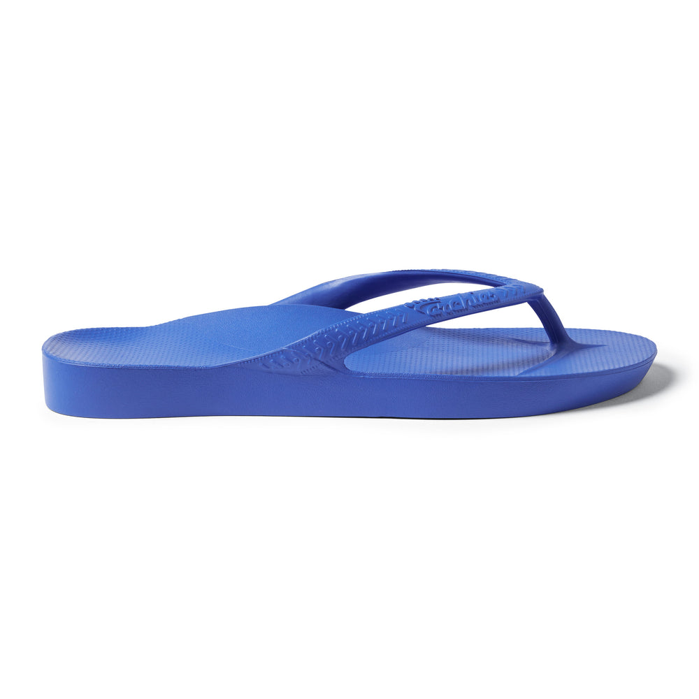 Royal Blue Arch support flip flops right shoe facing right studio image 