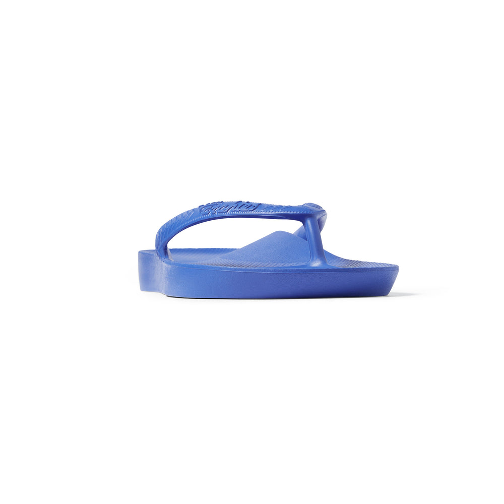 Royal Blue Arch support flip flops right shoe front 3/4 studio image 