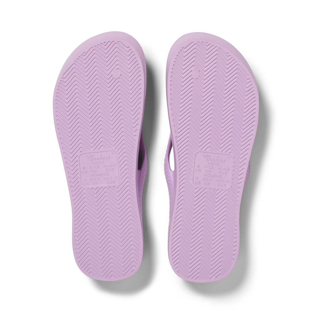 Lilac Archies Arch Support Flip Flops shown from the underside 